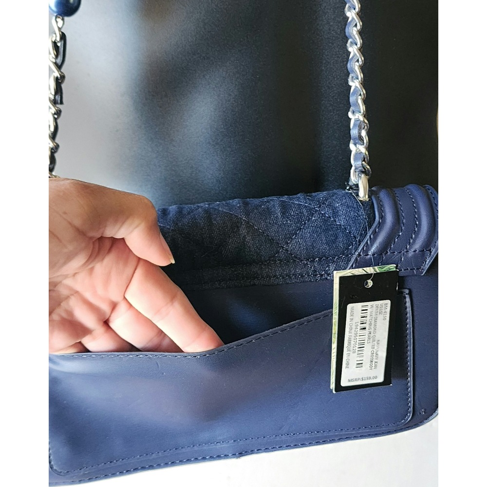 Badgley Mischka Navy Denim Quilted Crossbody Bag with Pearls BM-4150 - Picture 3 of 7